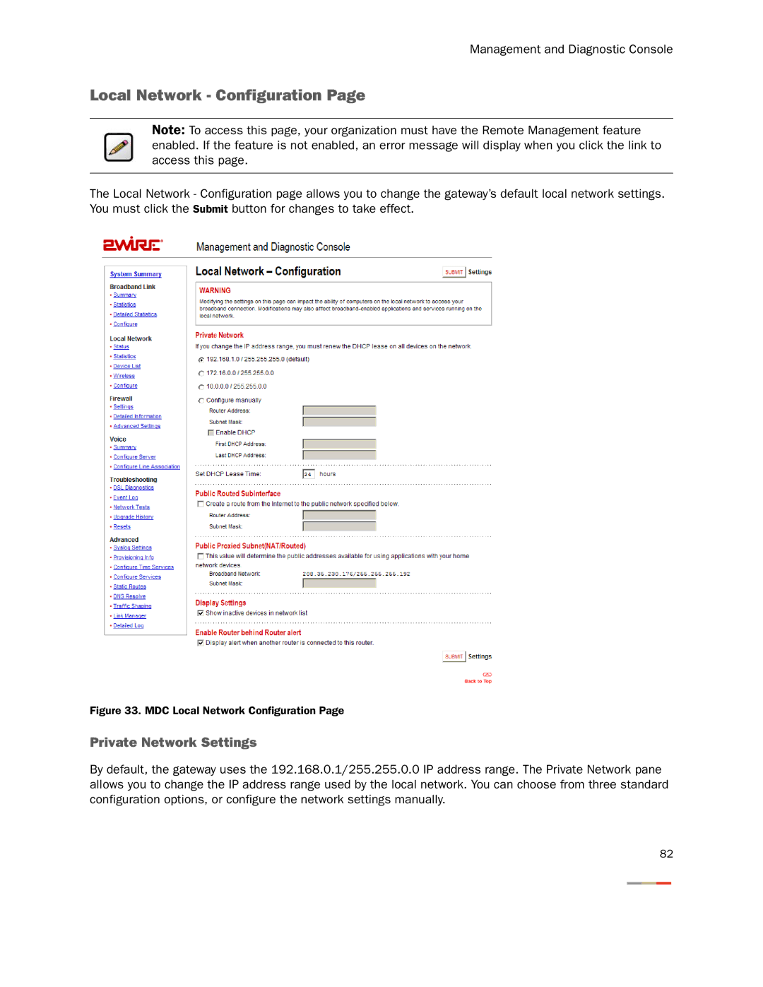 2Wire None manual Local Network Configuration, Private Network Settings 