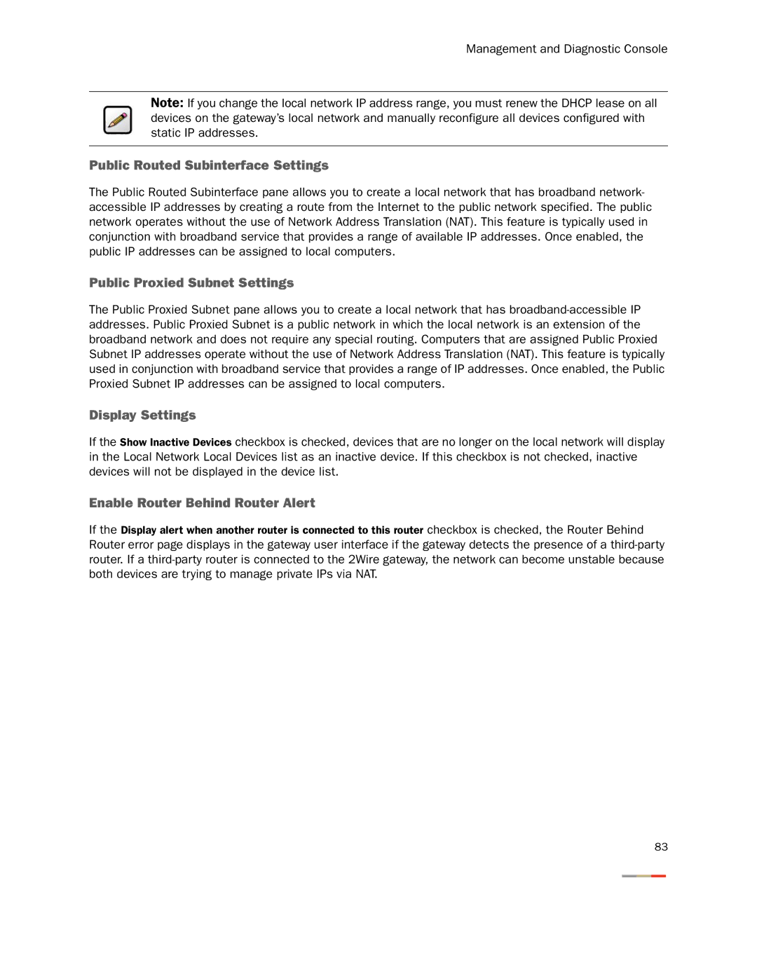 2Wire None manual Public Routed Subinterface Settings, Public Proxied Subnet Settings, Display Settings 