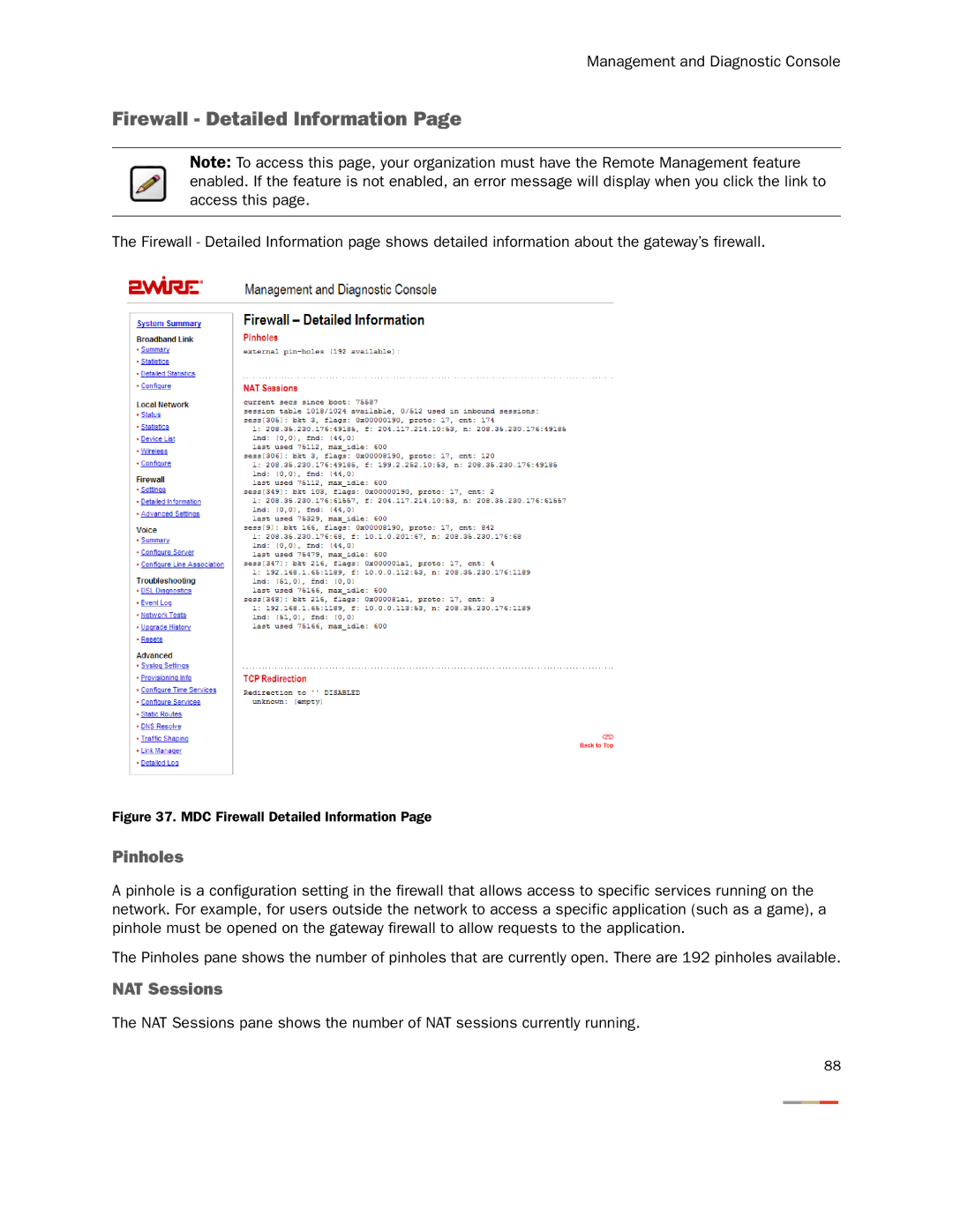 2Wire None manual Firewall Detailed Information, Pinholes, NAT Sessions 