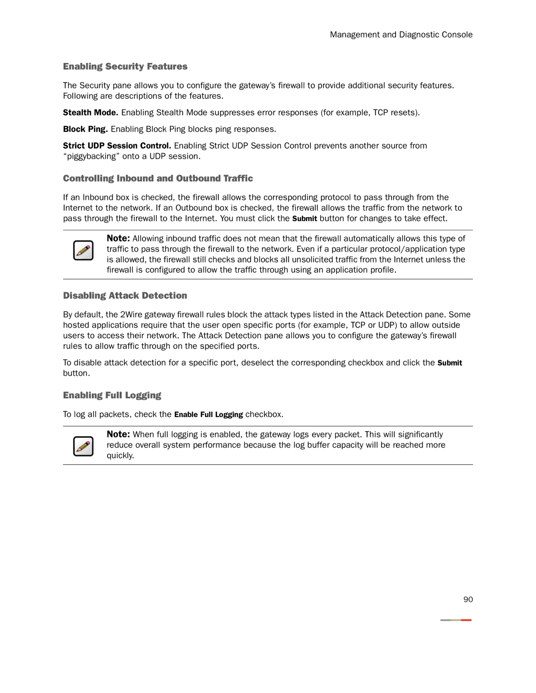 2Wire None manual Enabling Security Features, Controlling Inbound and Outbound Traffic, Enabling Full Logging 