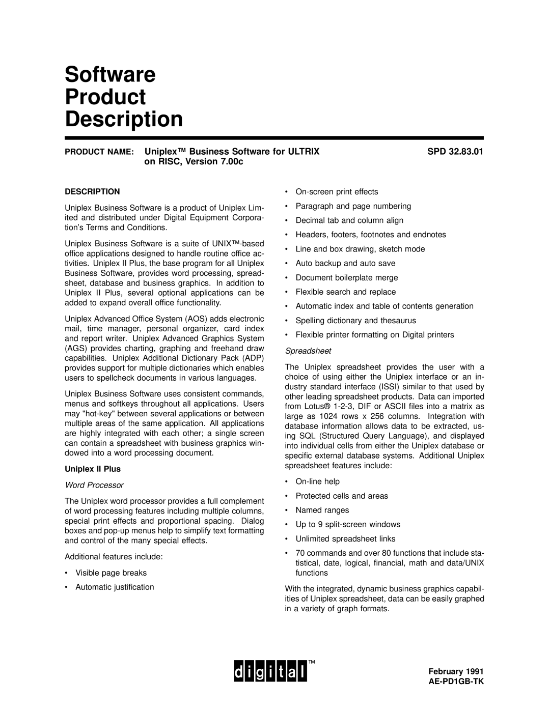 2Wire SPD 32.83.01 manual Software Product Description, Uniplex II Plus, February 1991 AE-PD1GB-TK 