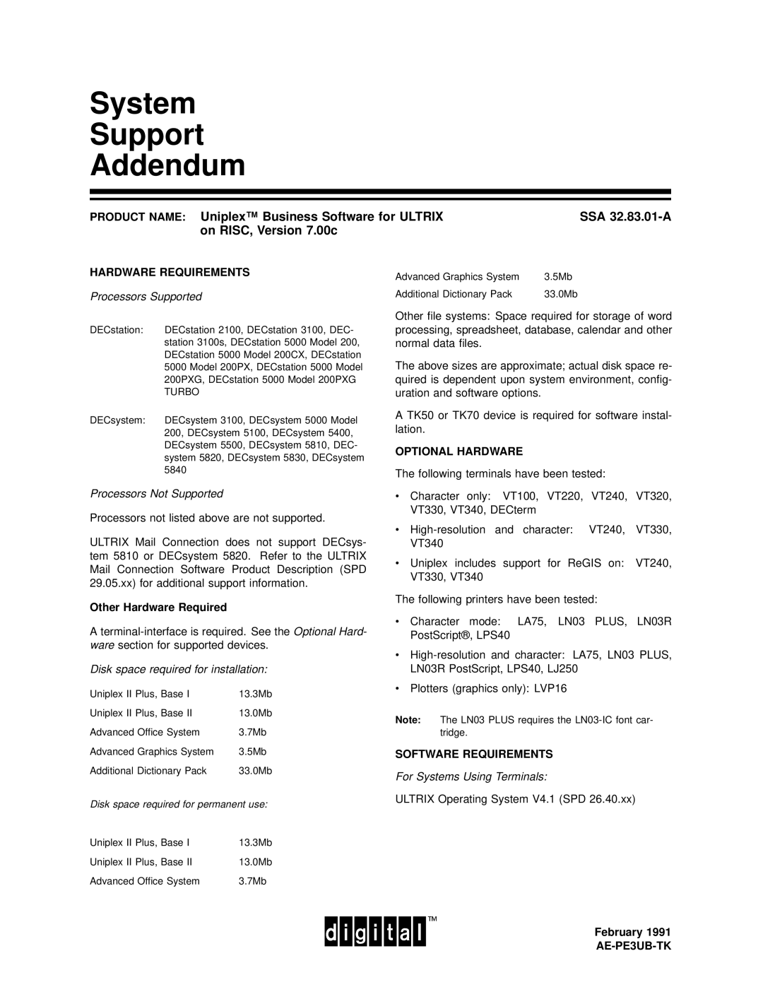 2Wire SPD 32.83.01 manual System Support Addendum, Other Hardware Required, Optional Hardware, February 1991 AE-PE3UB-TK 