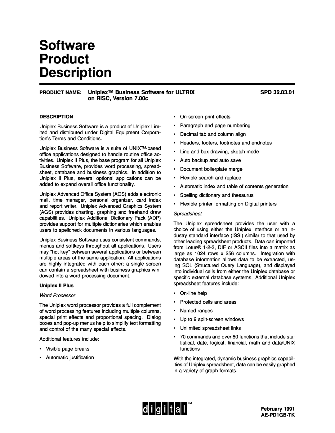 2Wire SPD 32.83.01 manual Software Product Description, on RISC, Version 7.00c, Uniplex II Plus, Word Processor 