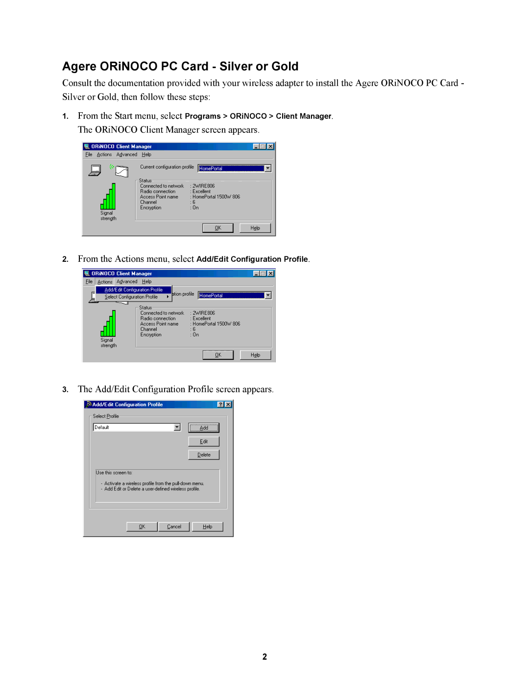 2Wire third-party wireless Ethernet adapters manual Agere ORiNOCO PC Card Silver or Gold 