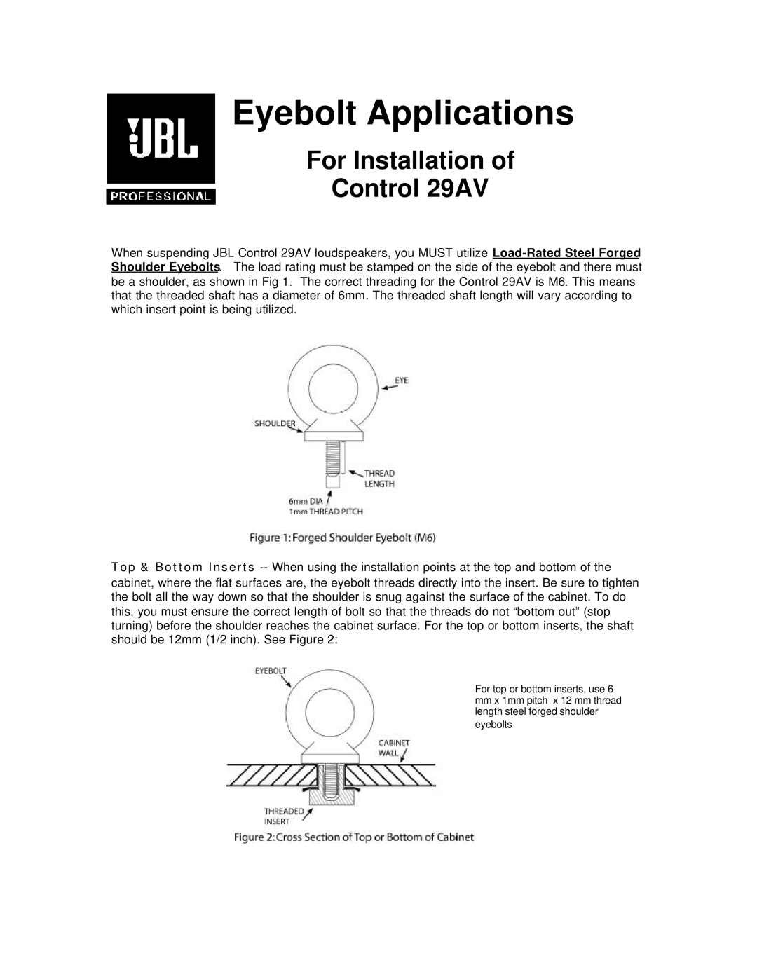 321 Studios manual Eyebolt Applications, For Installation Control 29AV 