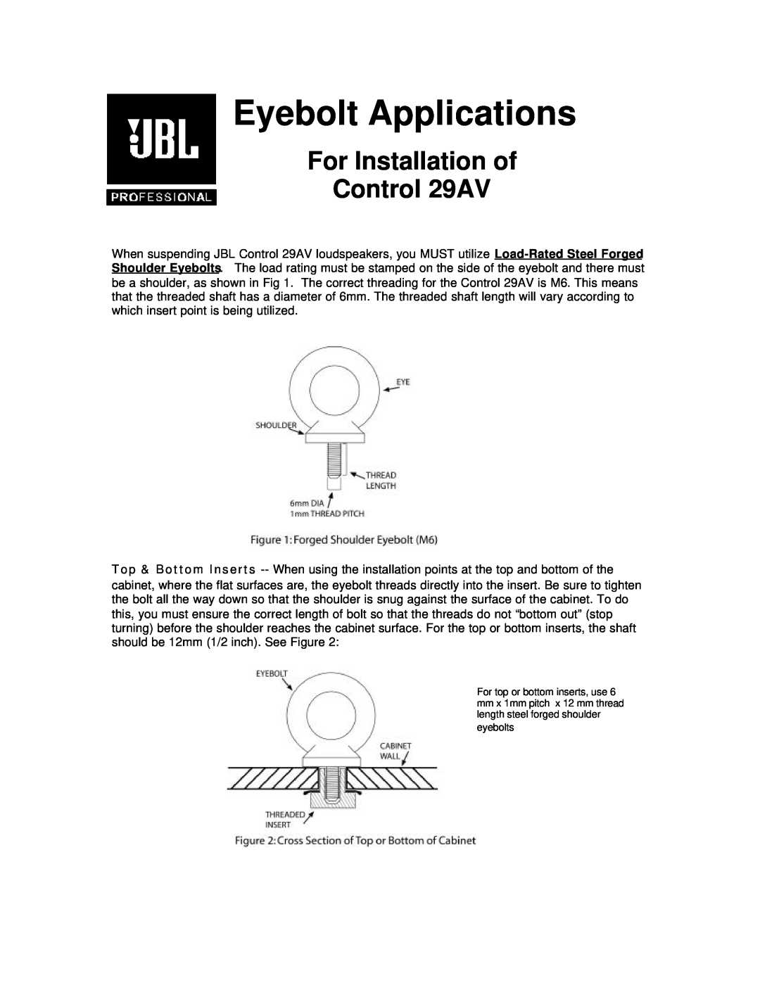 321 Studios manual Eyebolt Applications, For Installation of Control 29AV 