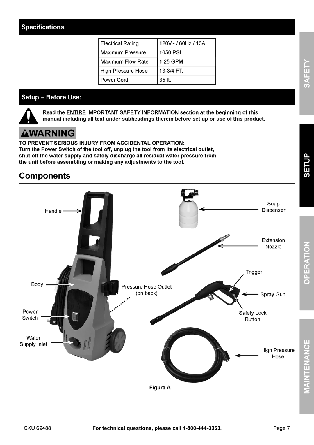 321 Studios 69488 owner manual Components, Safety Setup Operation Maintenance, Specifications, Setup Before Use 