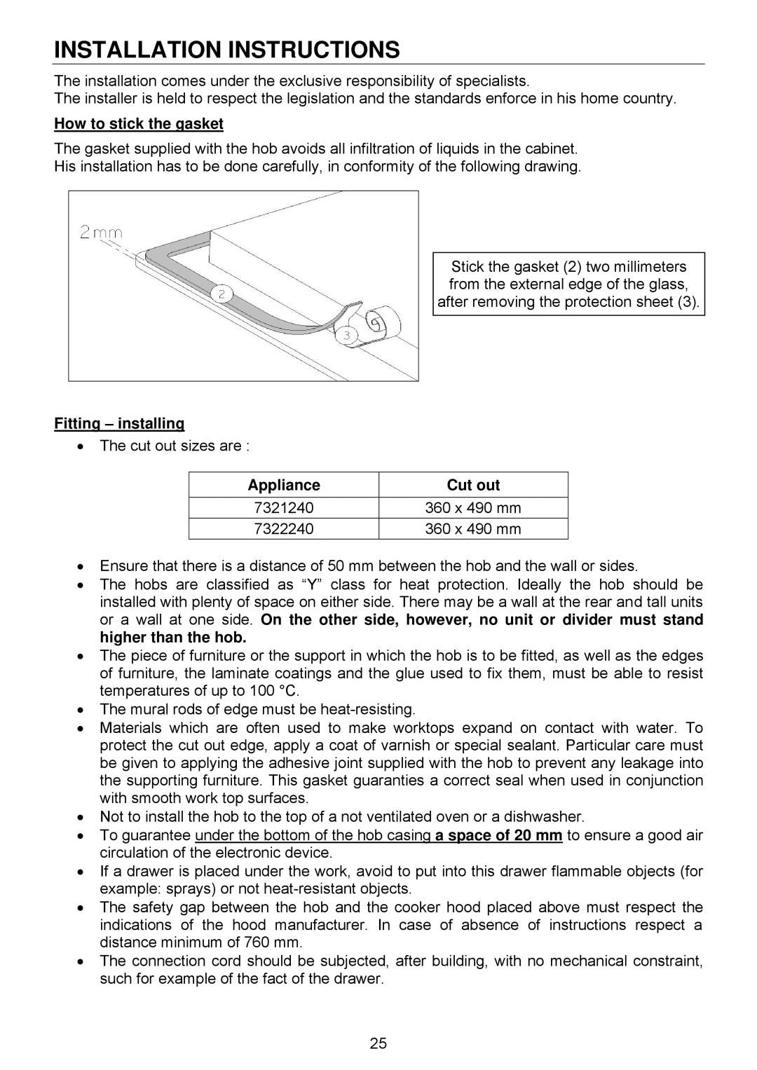 321 Studios 7322 230 user manual Installation Instructions, How to stick the gasket, Fitting installing, Appliance Cut out 