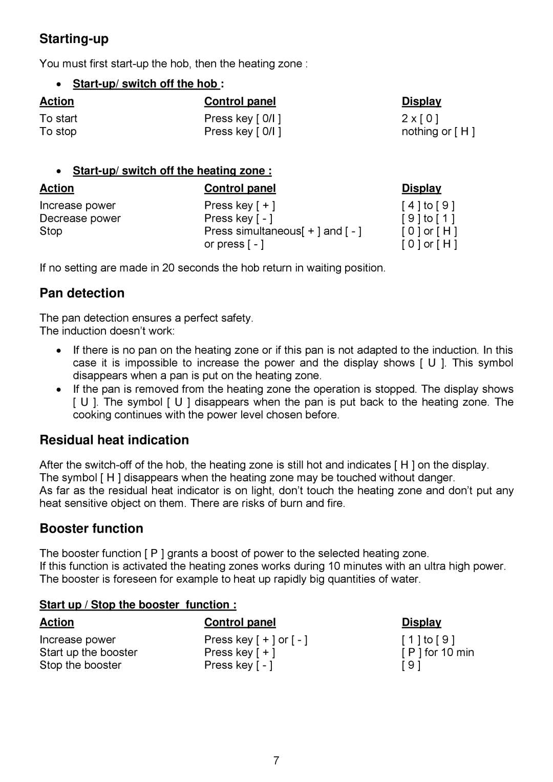 321 Studios 7322 230 user manual Start up / Stop the booster function Action, Control panel Display 