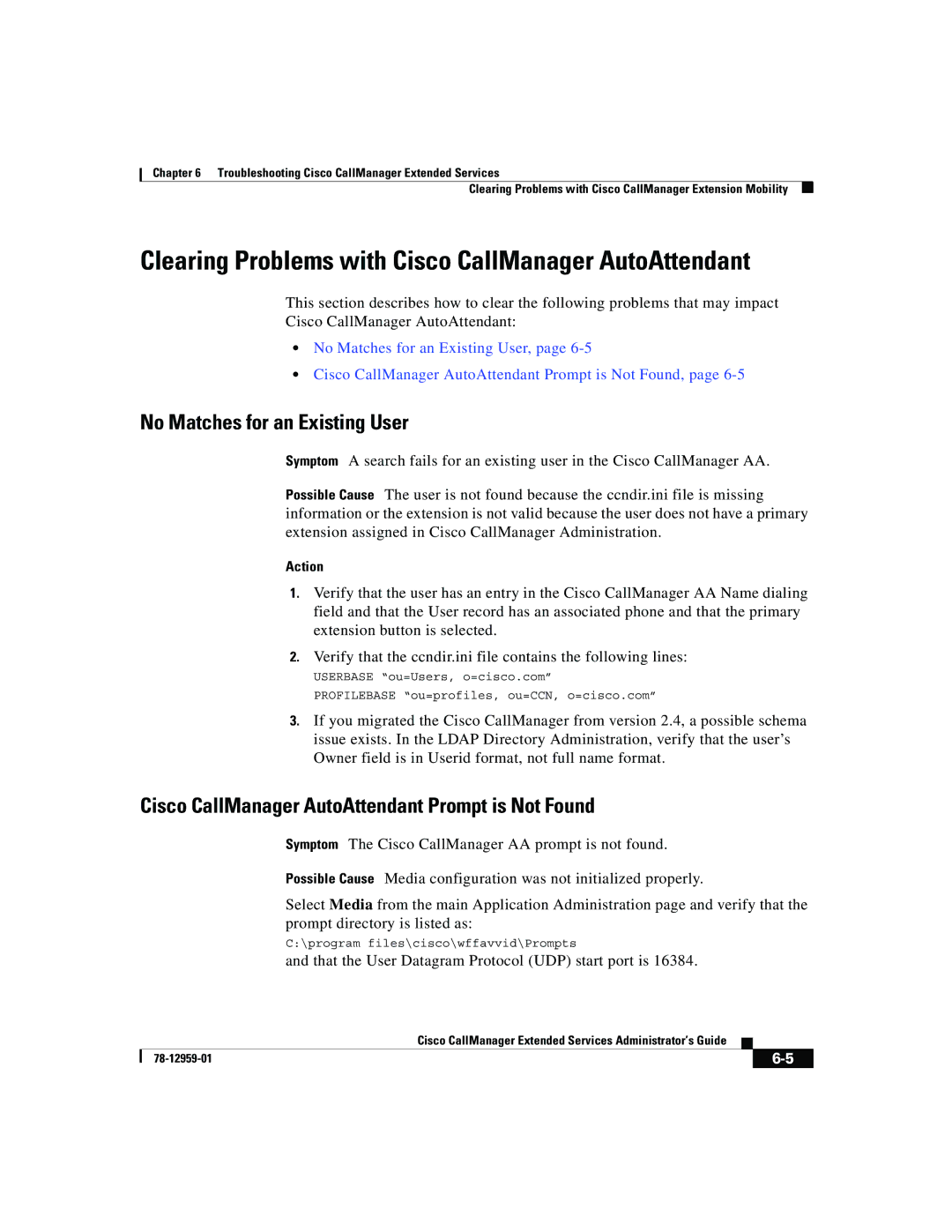 321 Studios 78-12959-01 manual No Matches for an Existing User, Cisco CallManager AutoAttendant Prompt is Not Found 