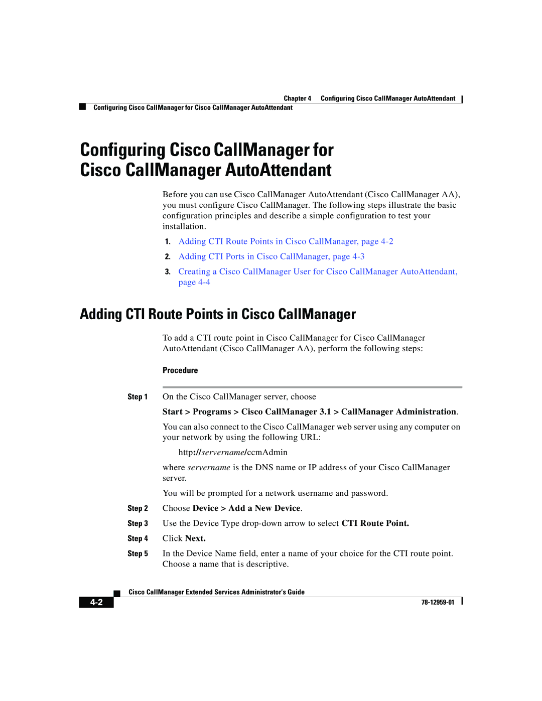 321 Studios 78-12959-01 manual Adding CTI Route Points in Cisco CallManager, Choose Device Add a New Device 