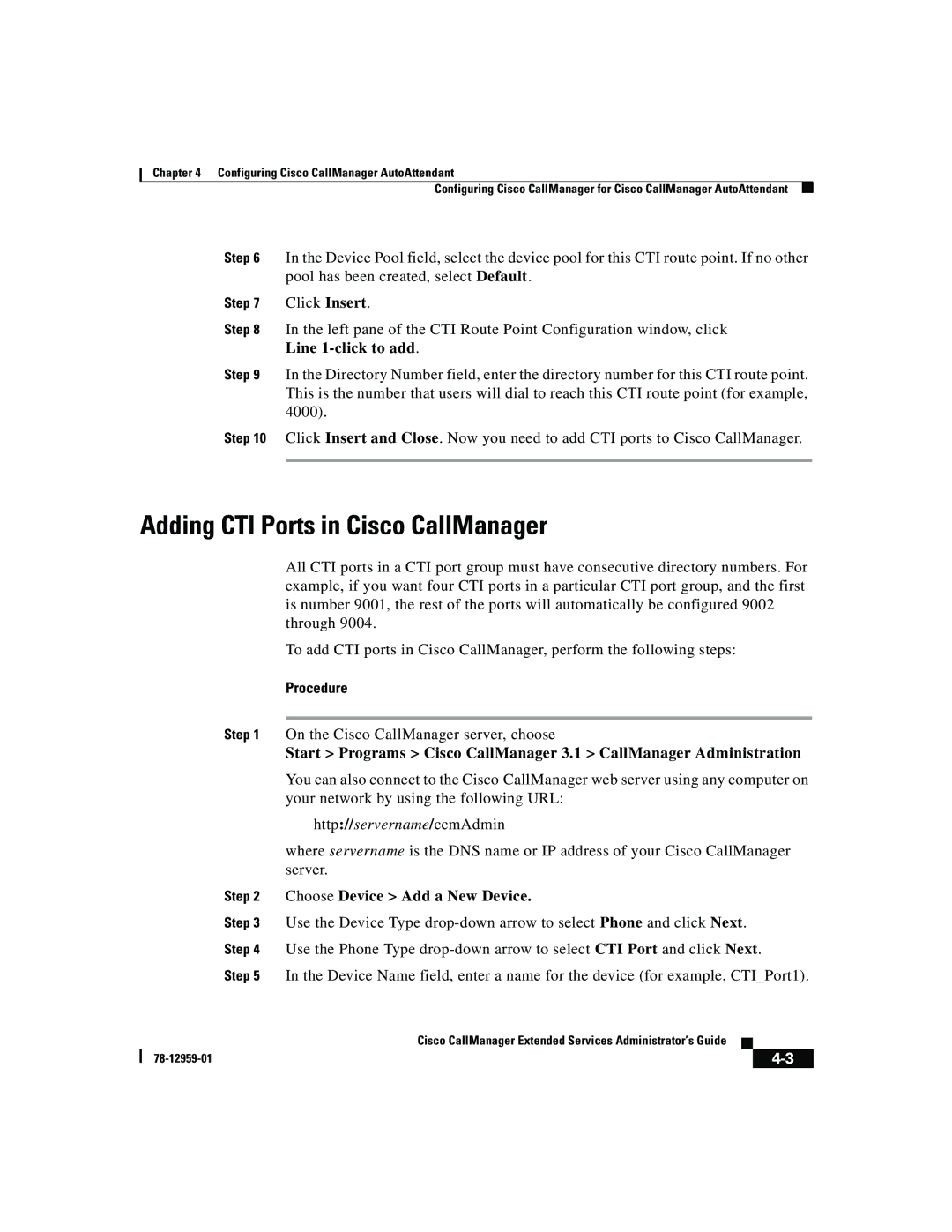 321 Studios 78-12959-01 manual Adding CTI Ports in Cisco CallManager, Line 1-click to add 