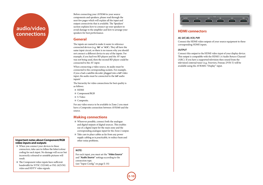 321 Studios AVR360 manual General, Making connections, Hdmi connectors, Av, Sat, Bd, Vcr, Pvr, Output 