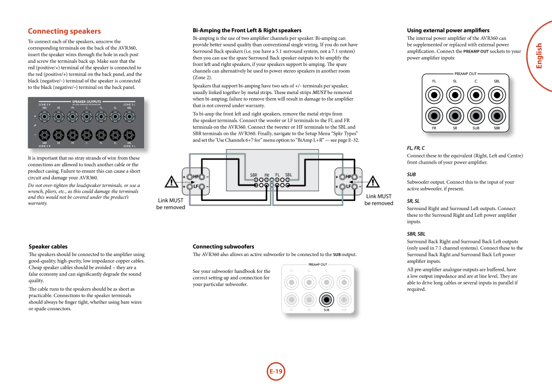 321 Studios AVR360 manual Connecting speakers, Bi-Amping the Front Left & Right speakers, Using external power amplifiers 