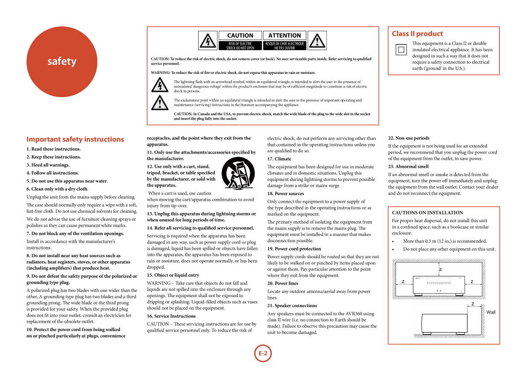 321 Studios AVR360 manual Safety, Class II product, Important safety instructions 