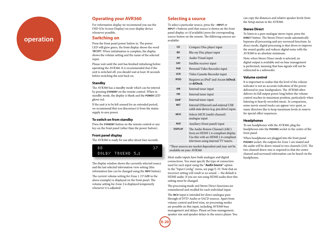 321 Studios manual Operation, Operating your AVR360, Switching on, Selecting a source 