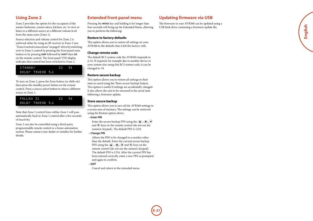 321 Studios AVR360 manual Using Zone, Extended front panel menu, Updating firmware via USB 