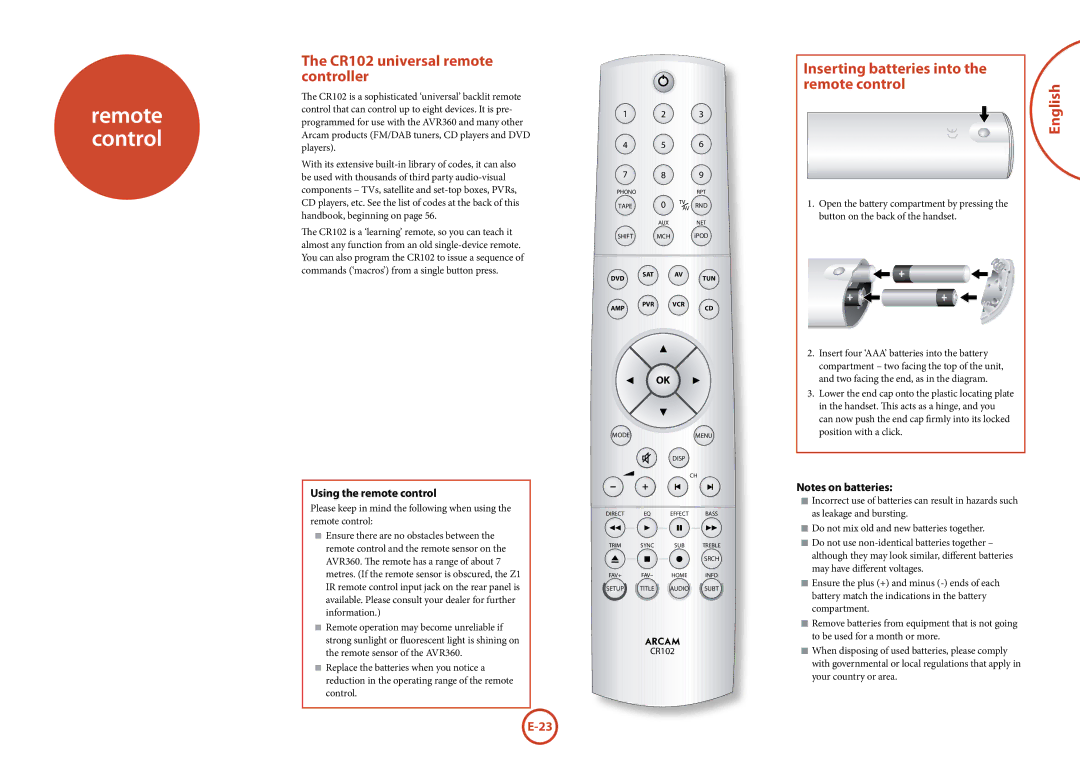 321 Studios AVR360 manual CR102 universal remote controller, Inserting batteries into the remote control 