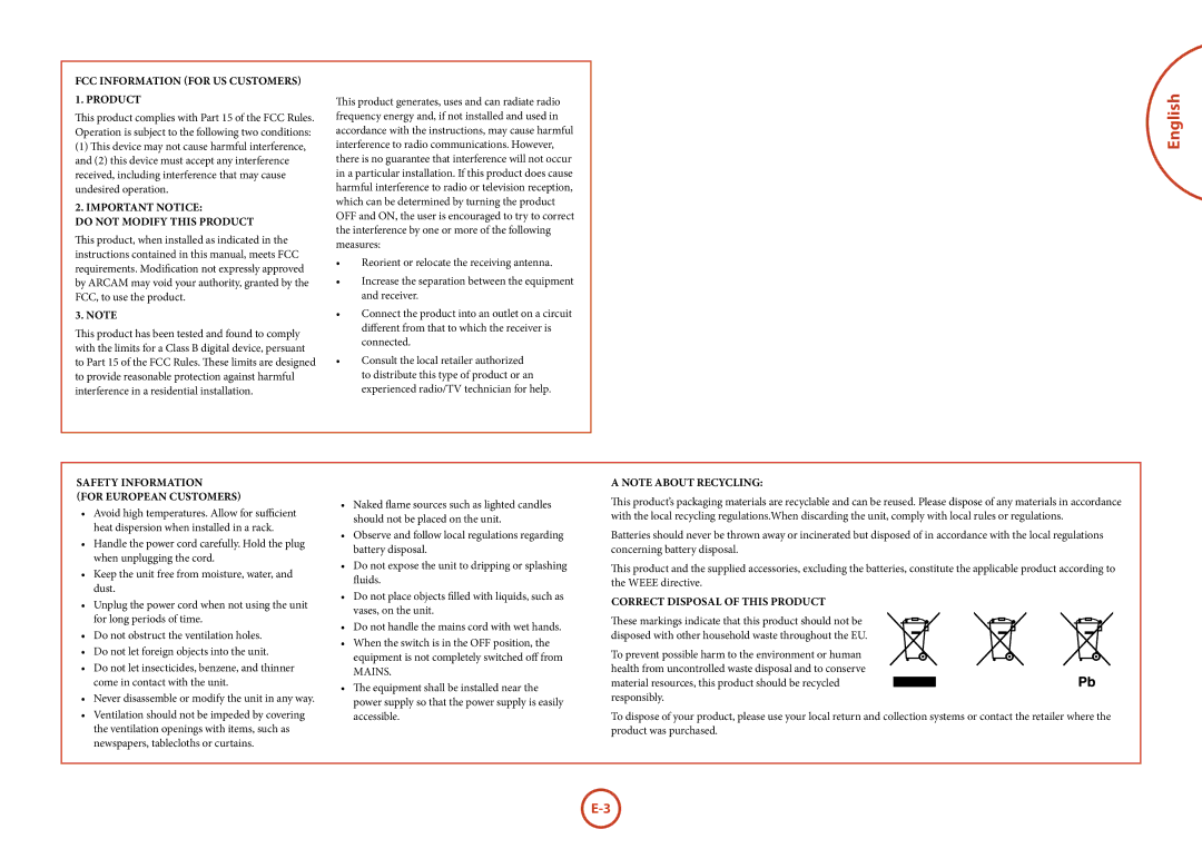 321 Studios AVR360 manual English, FCC Information for US customers 1. Product, Important notice Do not modify this product 