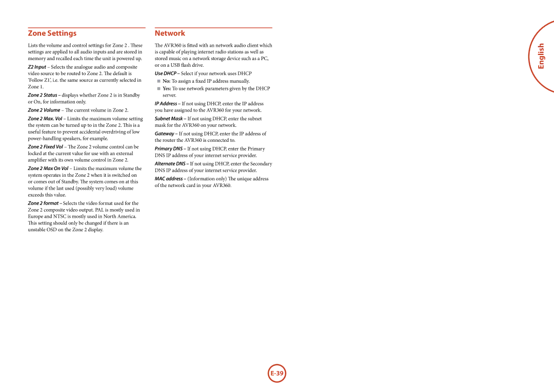 321 Studios AVR360 manual Zone Settings, Network 