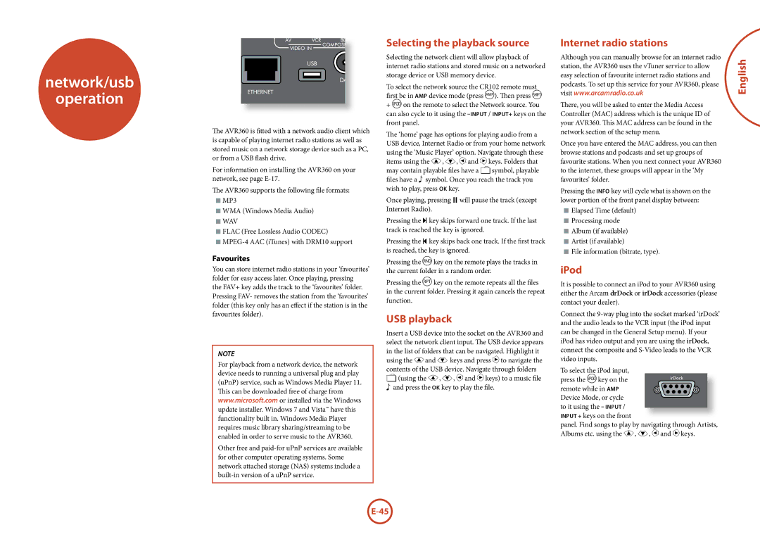 321 Studios AVR360 manual Network/usb Operation, Selecting the playback source, USB playback, Internet radio stations, IPod 