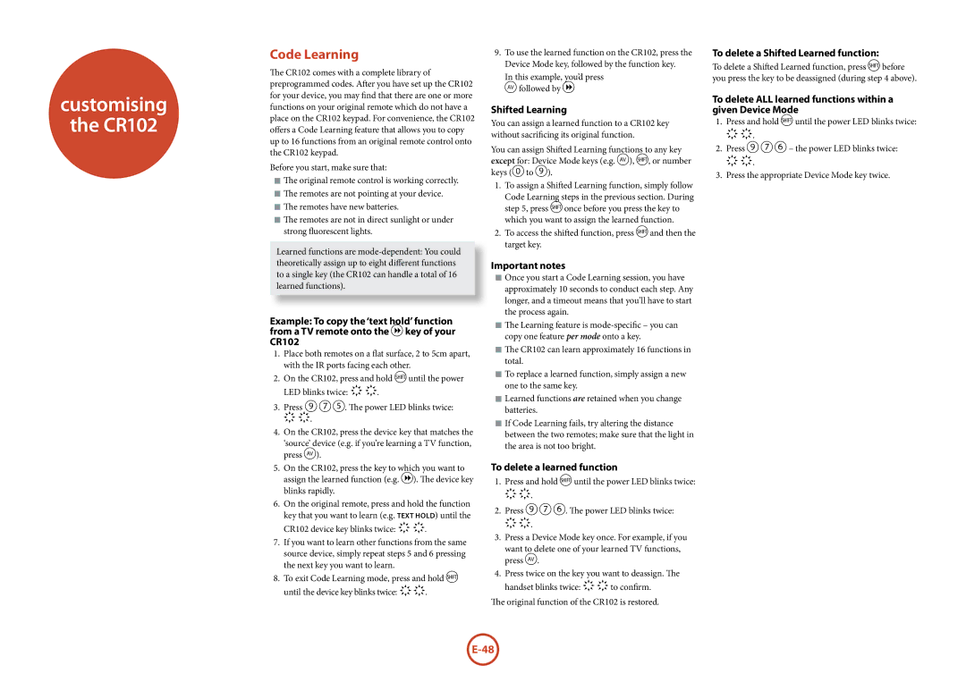 321 Studios AVR360 manual Customising CR102, Code Learning 