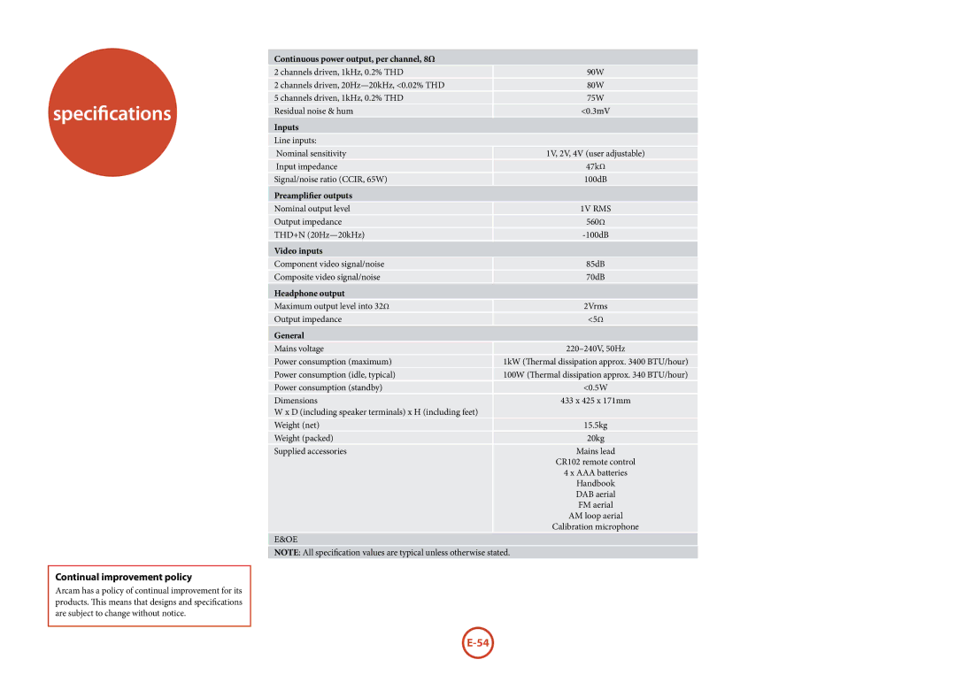 321 Studios AVR360 manual Specifications, Continual improvement policy 