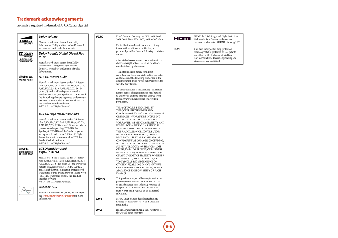 321 Studios AVR360 manual Trademark acknowledgements, Flac, MP3 