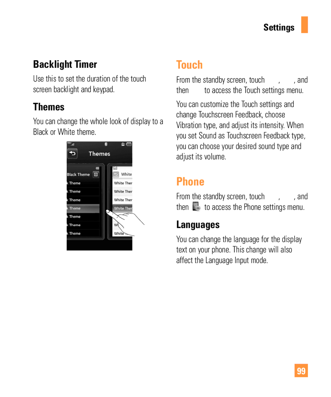 321 Studios Cell Phone manual Touch, Backlight Timer, Themes, Languages 