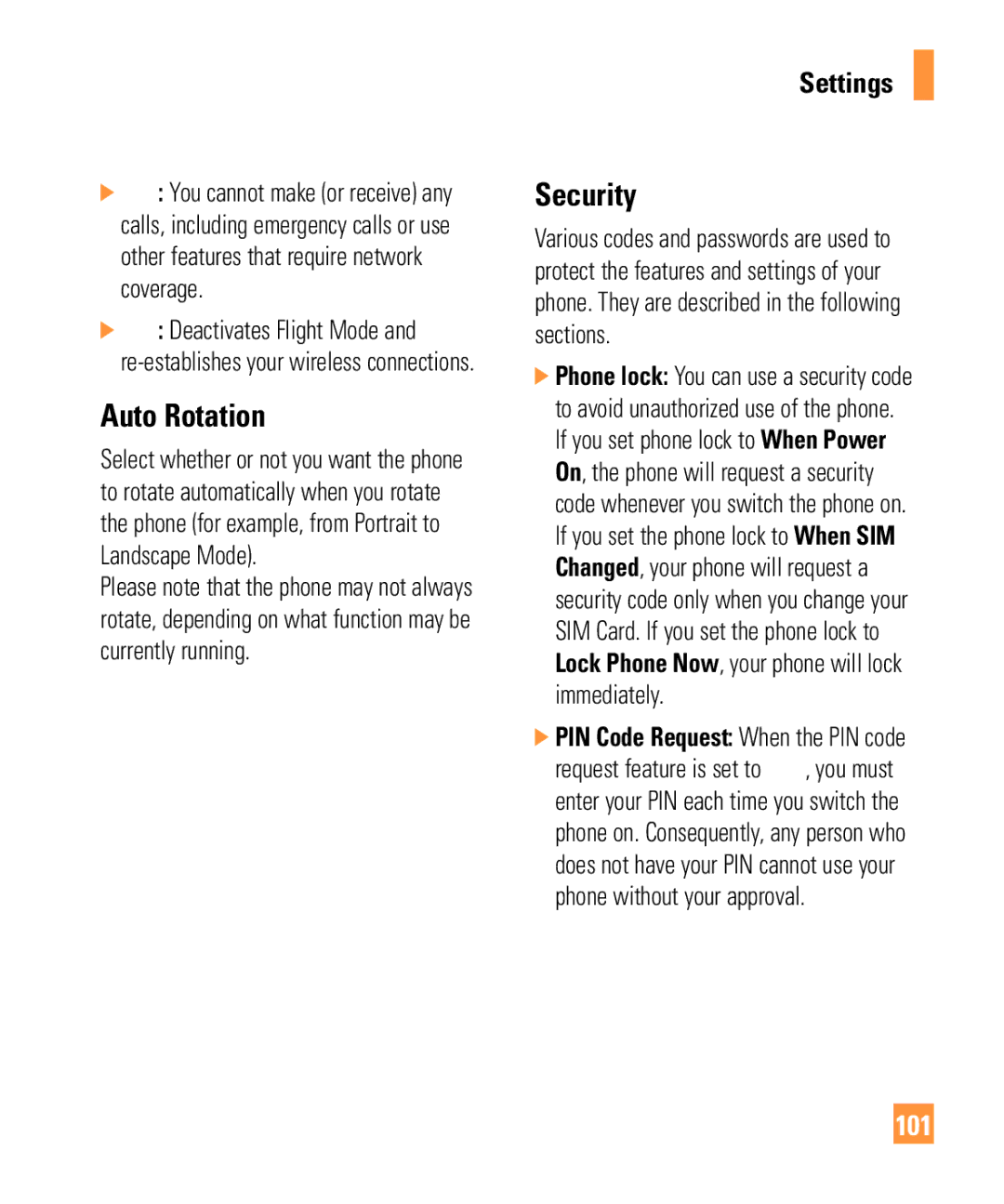 321 Studios Cell Phone manual Auto Rotation, Security, 101 