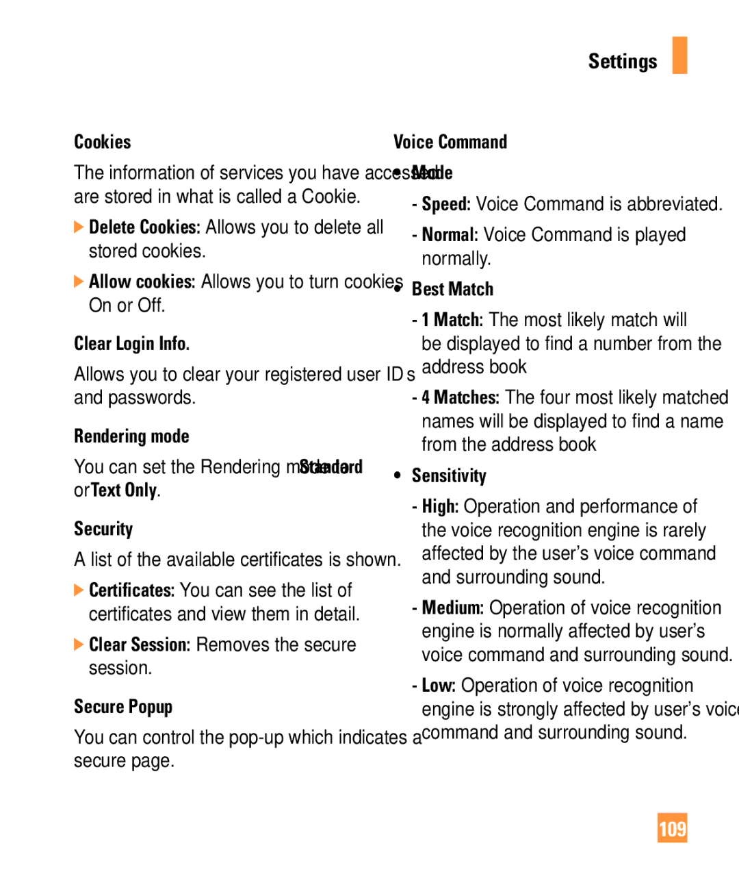 321 Studios Cell Phone manual 109, Cookies, Clear Session Removes the secure session Secure Popup, Voice Command Mode 