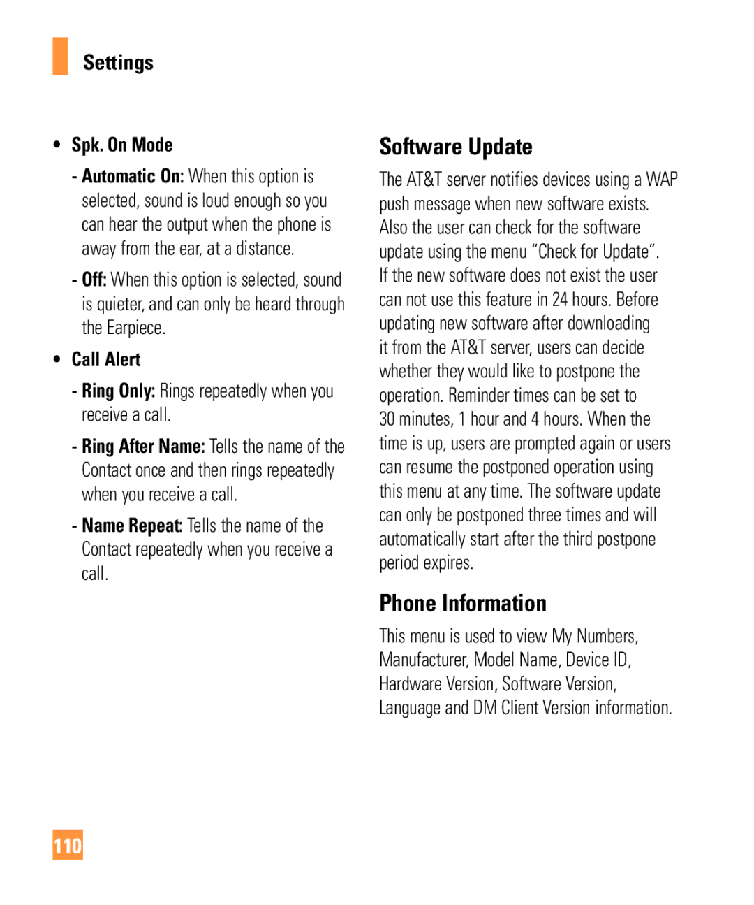 321 Studios Cell Phone manual Software Update, Phone Information, 110 