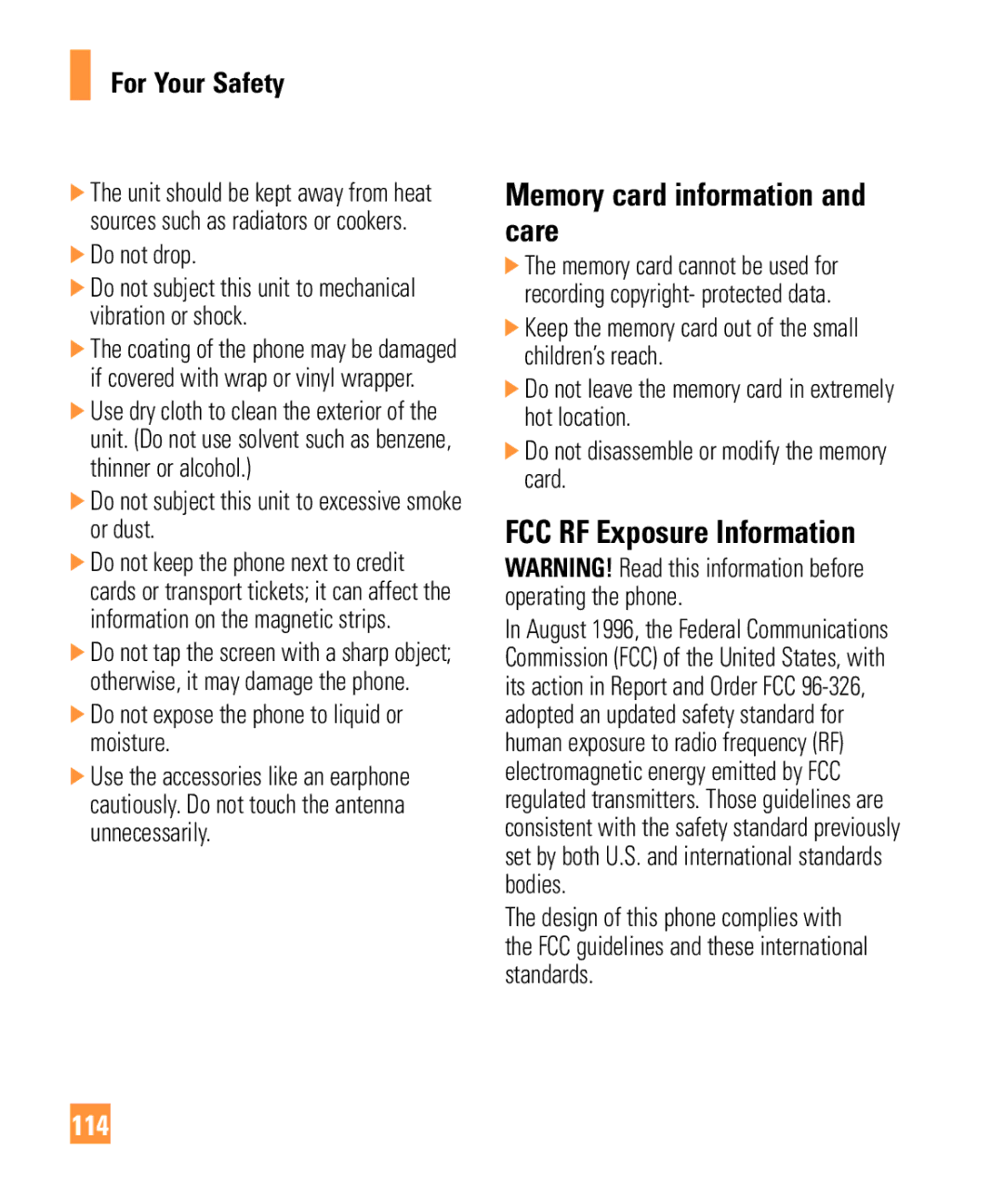 321 Studios Cell Phone manual Memory card information and care, FCC RF Exposure Information, 114 