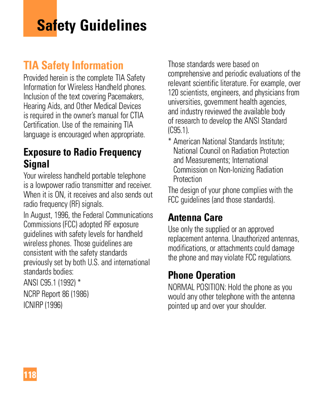 321 Studios Cell Phone manual Safety Guidelines, TIA Safety Information, Exposure to Radio Frequency Signal, Antenna Care 