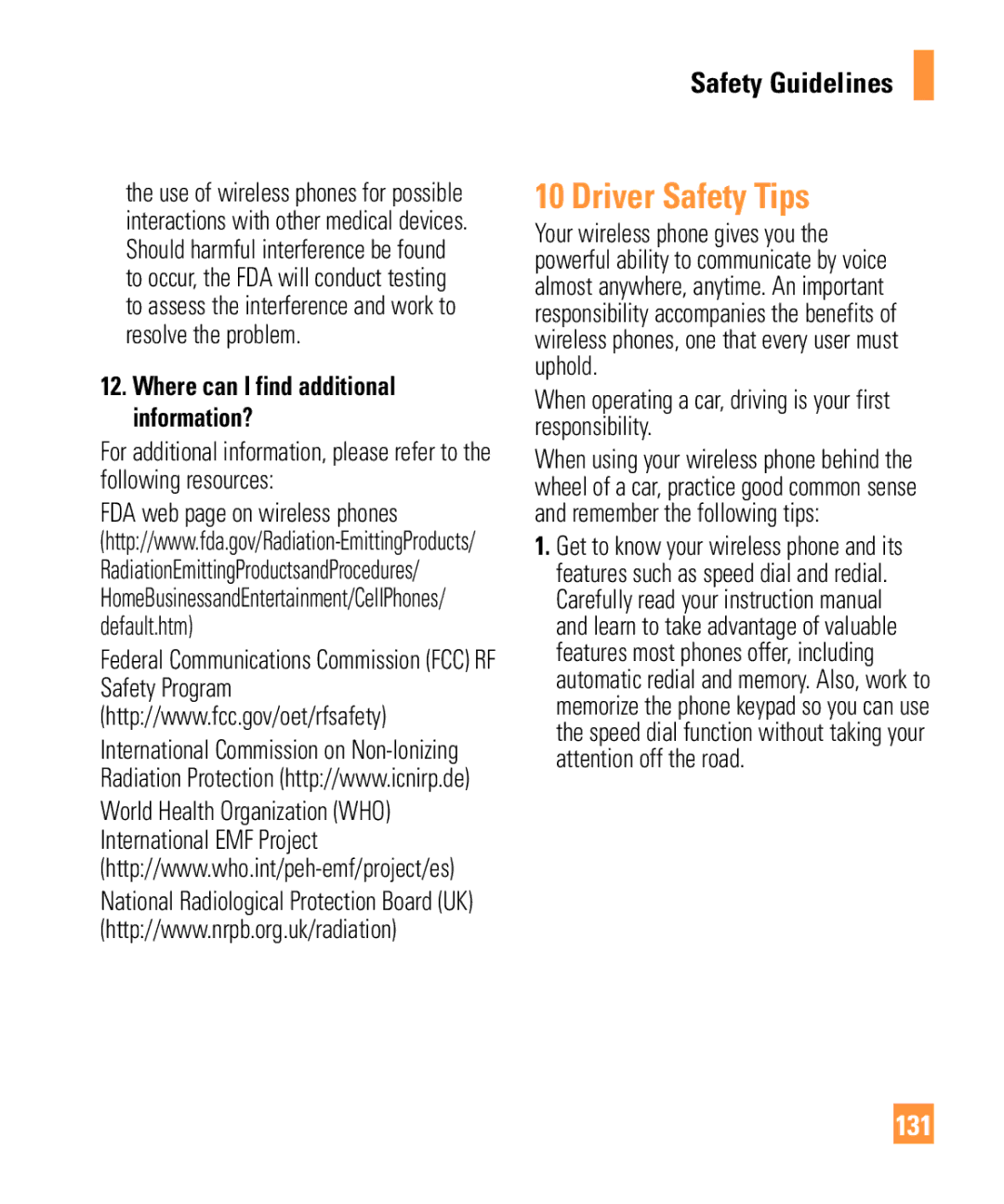 321 Studios Cell Phone manual Driver Safety Tips, 131, When operating a car, driving is your first responsibility 