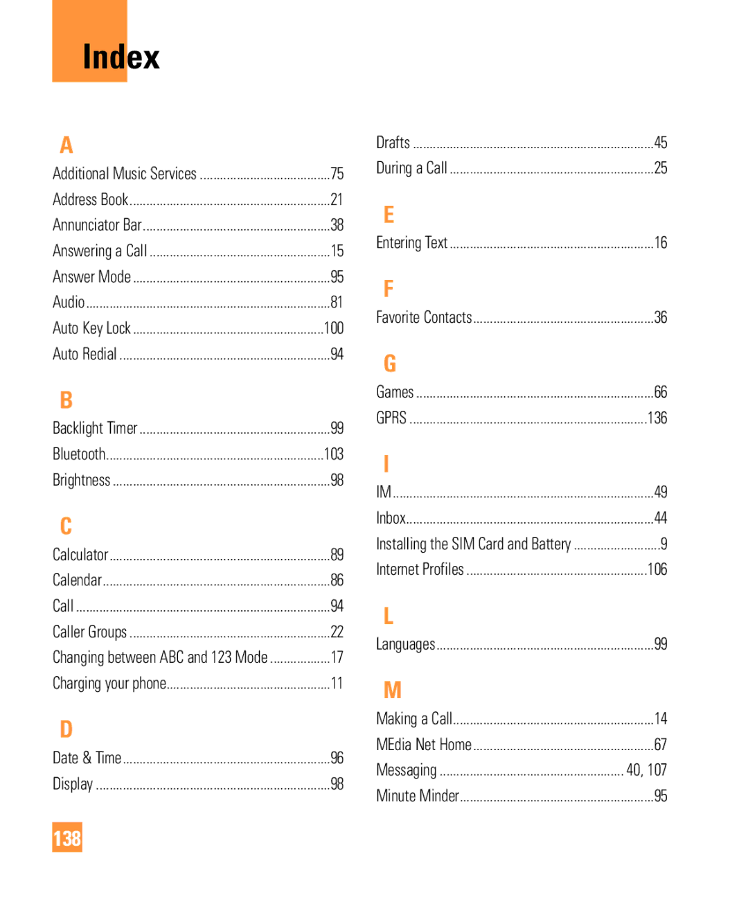 321 Studios Cell Phone manual Index, 138, 136, 106 