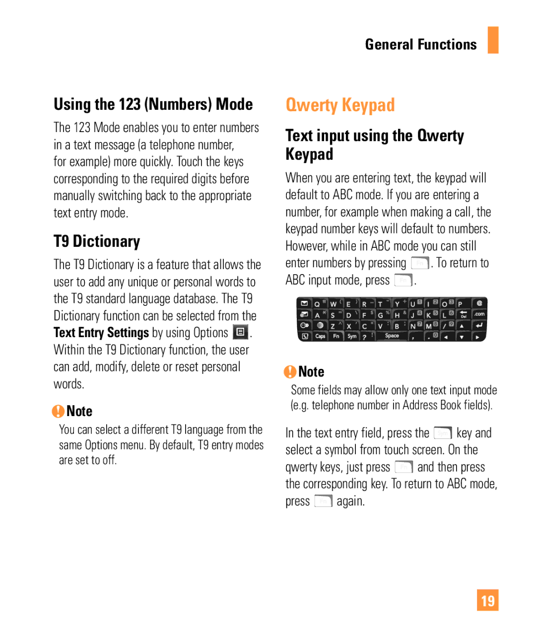 321 Studios Cell Phone manual T9 Dictionary, Text input using the Qwerty Keypad, Using the 123 Numbers Mode 