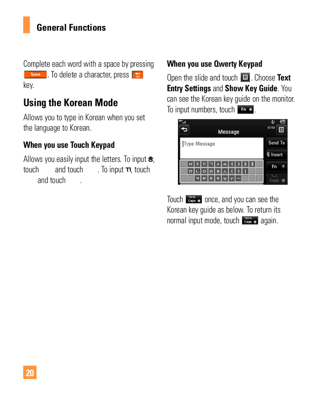 321 Studios Cell Phone manual Using the Korean Mode, When you use Touch Keypad, When you use Qwerty Keypad 