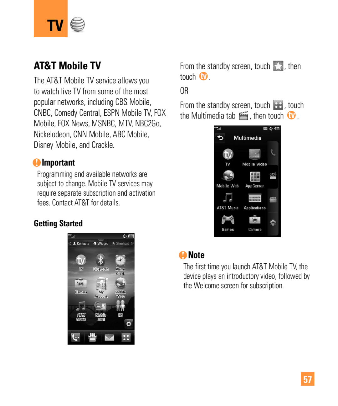 321 Studios Cell Phone manual AT&T Mobile TV, Getting Started, Touch tv, Multimedia tab 