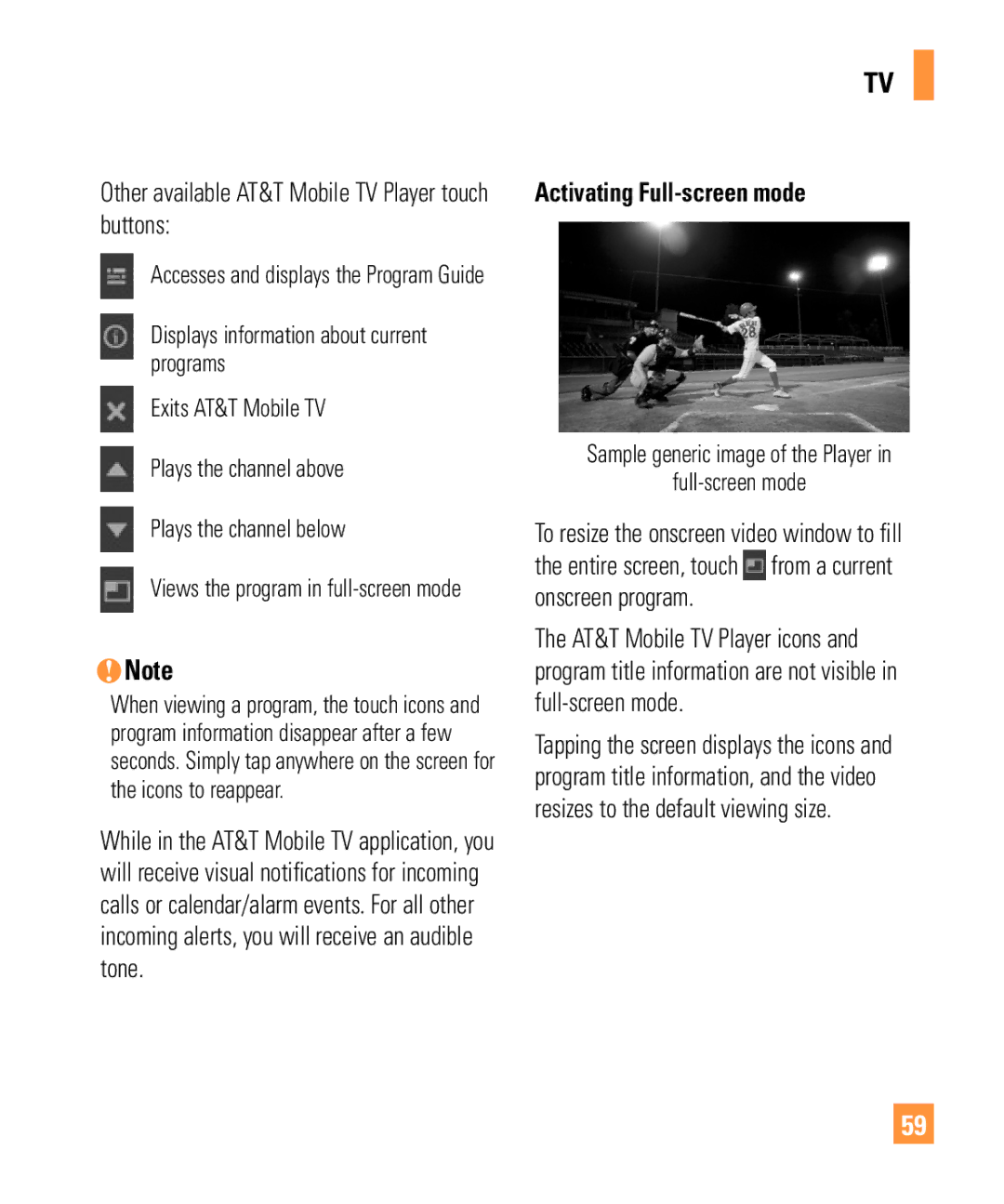 321 Studios Cell Phone manual Other available AT&T Mobile TV Player touch buttons, Activating Full-screen mode 