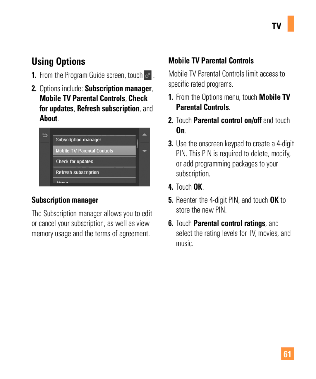 321 Studios Cell Phone manual Using Options, Subscription manager, Mobile TV Parental Controls, Touch OK 