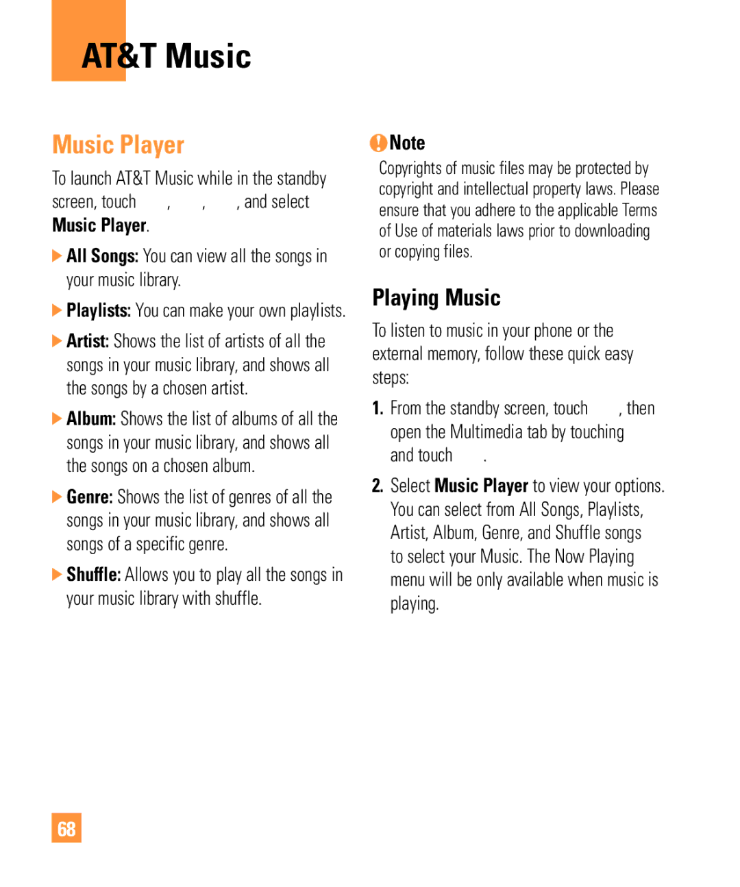 321 Studios Cell Phone manual AT&T Music, Music Player, Playing Music 