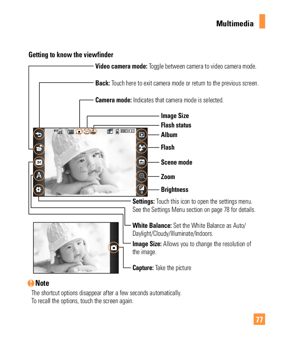 321 Studios Cell Phone manual Getting to know the viewfinder, Camera mode Indicates that camera mode is selected 