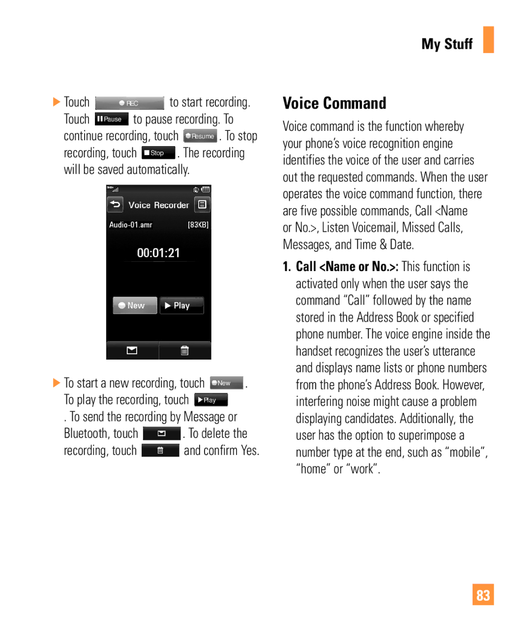 321 Studios Cell Phone manual Voice Command, Will be saved automatically, Bluetooth, touch, Recording, touch 