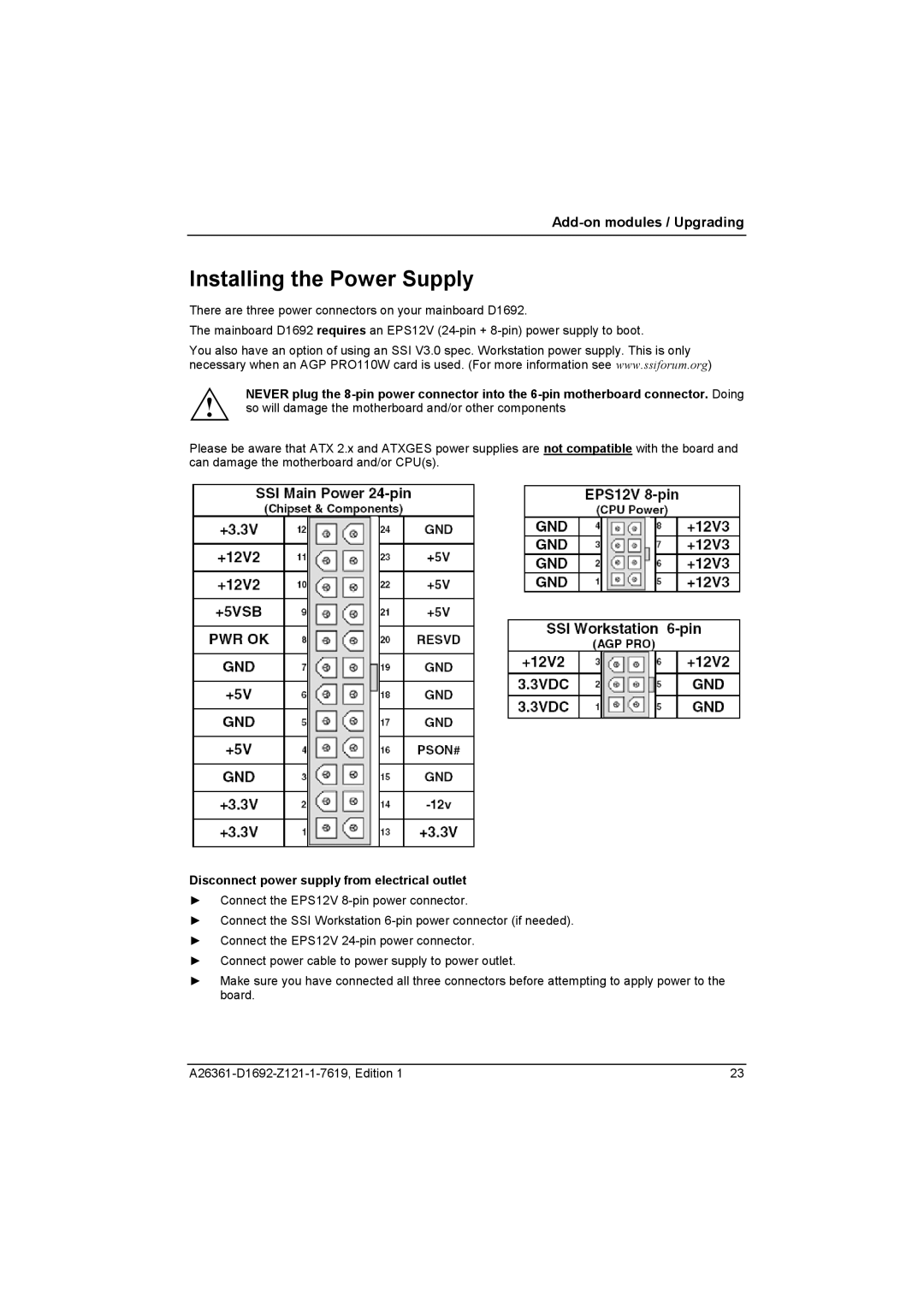 321 Studios D1692-BXX technical manual Installing the Power Supply, So will damage the motherboard and/or other components 