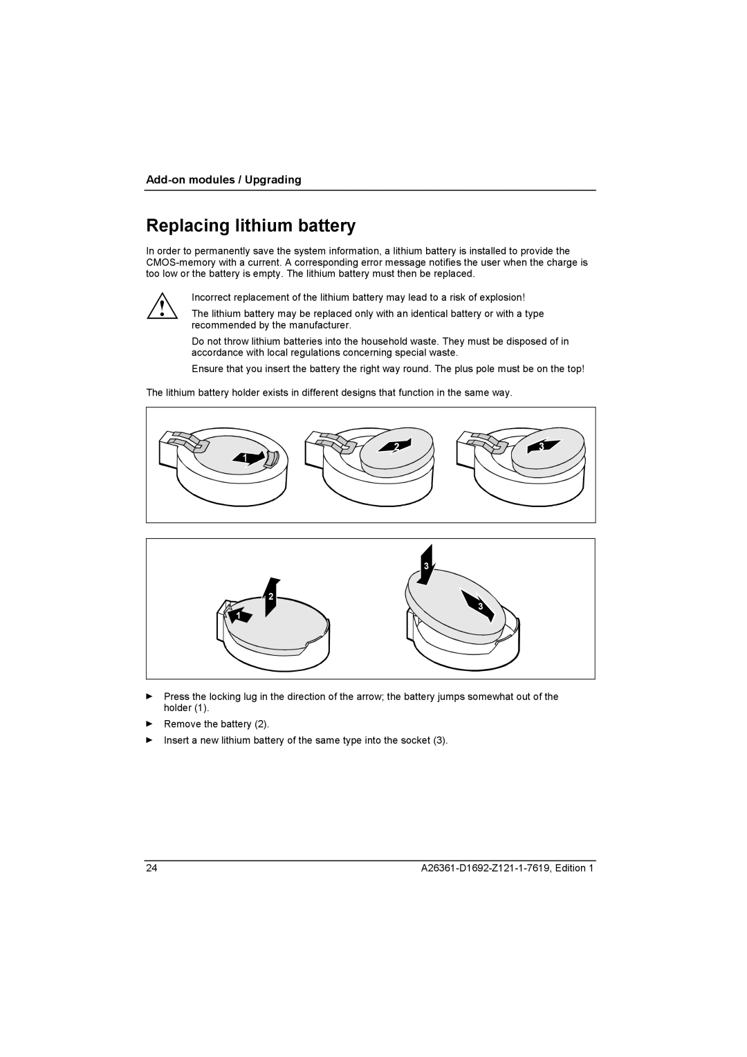 321 Studios D1692-BXX technical manual Replacing lithium battery 