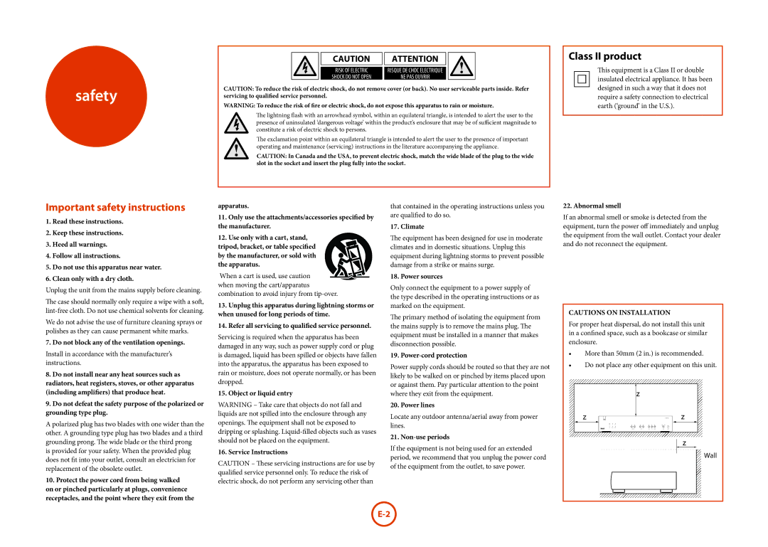 321 Studios D33 manual Safety, Class II product, Important safety instructions 