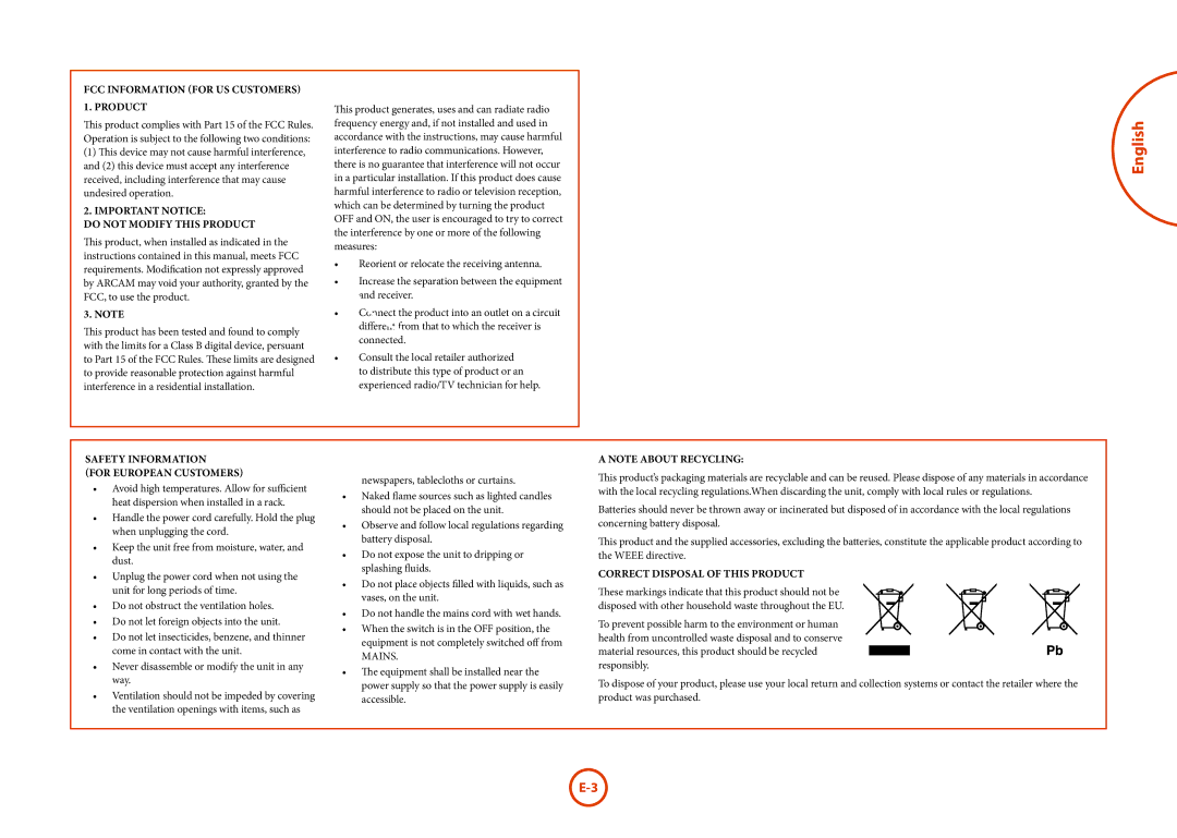 321 Studios D33 manual English, FCC Information for US customers 1. Product, Important notice Do not modify this product 