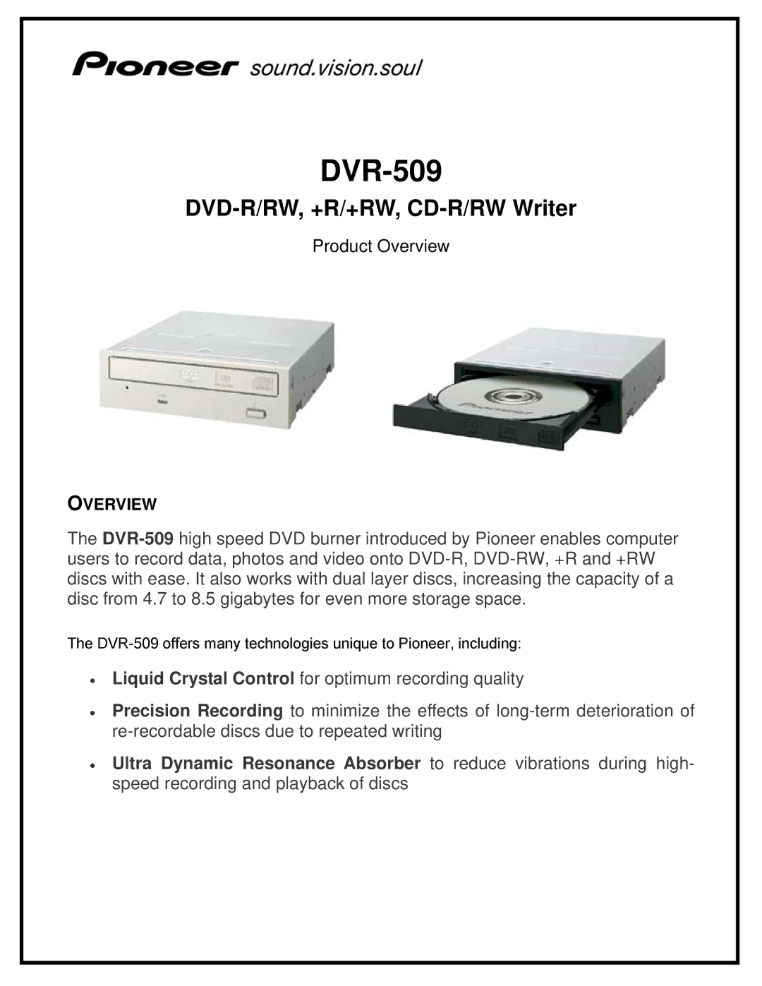 321 Studios DVR-509 manual DVD-R/RW, +R/+RW, CD-R/RW Writer 