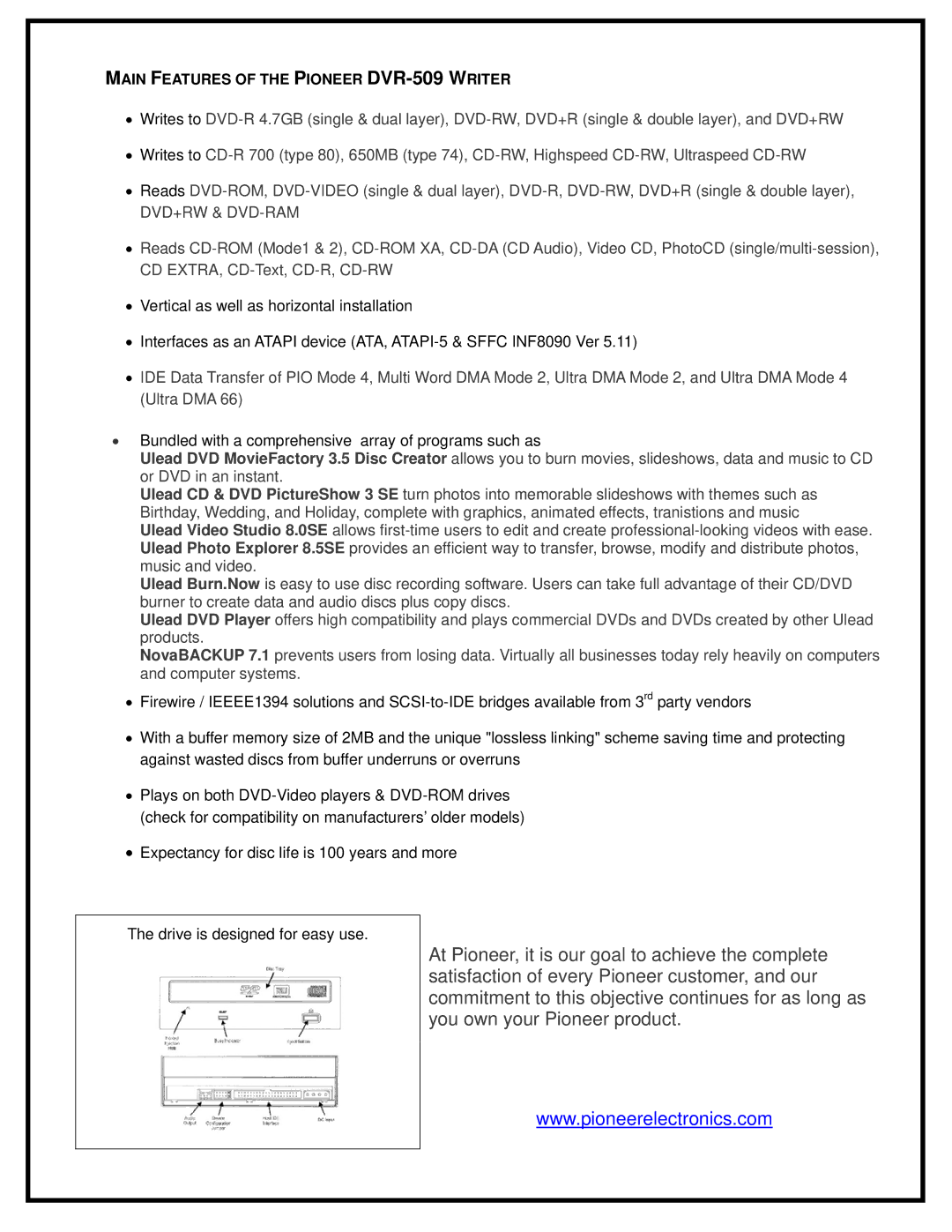 321 Studios manual Main Features of the Pioneer DVR-509 Writer 